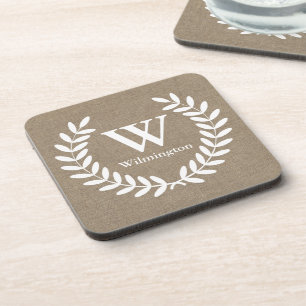 Farmhouse Laurels Faux Burlap Familienaam Bier Onderzetter