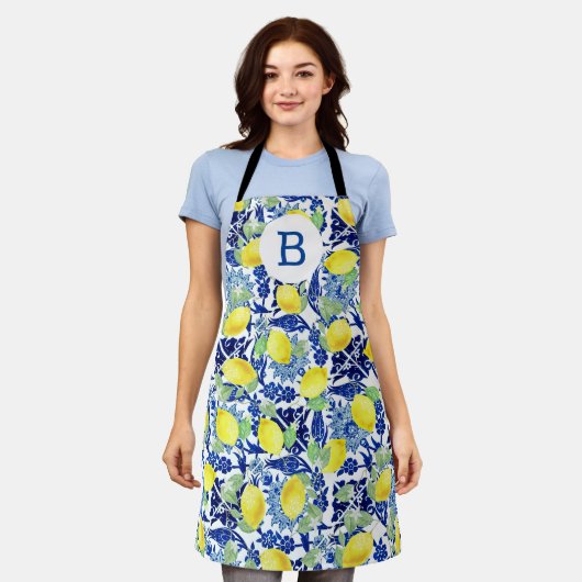 Farmhouse Lemons & Blue Floral Monogram Schort (Gedragen)