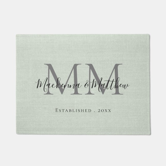 Farmhouse Monogram Personalized Burlap Sage Green Deurmat (Voorkant)