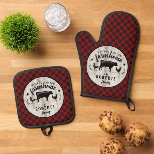 Farmhouse Naam Rustic Buffalo Pset Barn Wood Koe Ovenwant & Pannenlap Set (Top down)