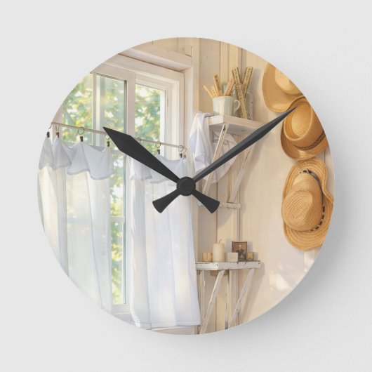 Farmhouse Neutral Clock "Curtain in the Wind" Ronde Klok (Voorkant)