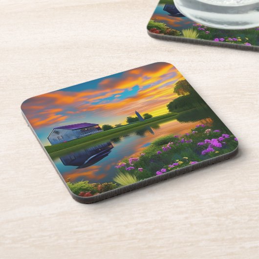 Farmhouse Paarse Roof Pond bij zonsopgang Bier Onderzetter (Linkerzijde)