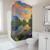 Farmhouse Paarse Roof Pond bij zonsopgang Douchegordijn (In situ)