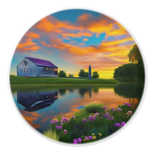 Farmhouse Paarse Roof Pond bij zonsopgang Keramische Knop (Voorkant)