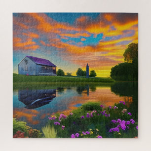 Farmhouse Paarse Roof Pond bij zonsopgang Legpuzzel