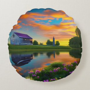 Farmhouse Paarse Roof Pond bij zonsopgang Rond Kussen