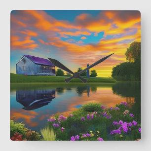 Farmhouse Paarse Roof Pond bij zonsopgang Vierkante Klok