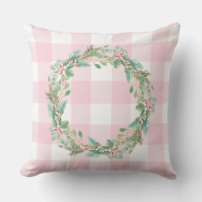 Farmhouse Pastel Pink Check Pset Kerstmis Wreater Kussen (Voorkant)
