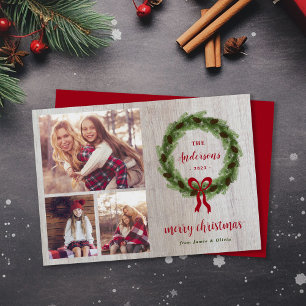 Farmhouse Pine Wreath Merry Kerstmis 3 Foto Feestdagenkaart