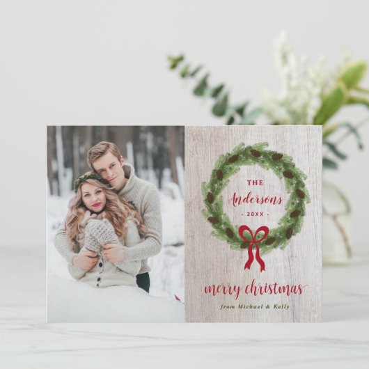 Farmhouse Pine Wreator 3 Foto| Kerstbrief Feestdagenkaart (Staand voorkant)