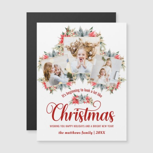 Farmhouse Poinsettia 3 Foto-collage Magnetische Ka Magnetische Uitnodiging (Voorkant / Achterkant)