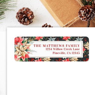 Farmhouse Poinsettia Black Rustic Return Address Etiket
