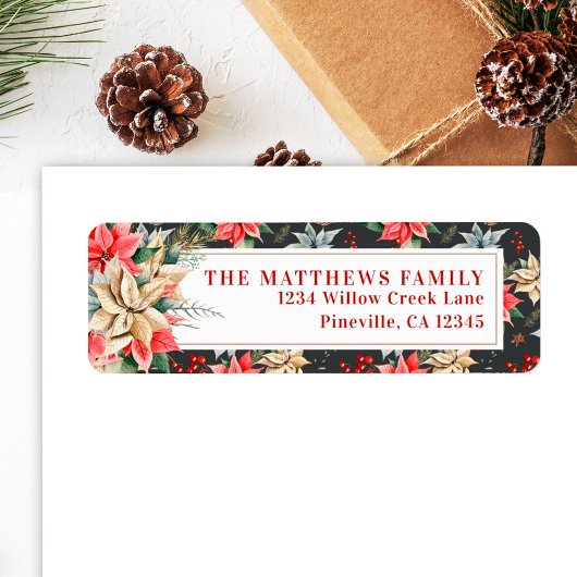Farmhouse Poinsettia Black Rustic Return Address Etiket