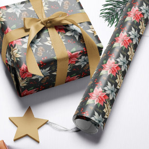 Farmhouse Poinsettia Black Rustige kerst Cadeaupapier