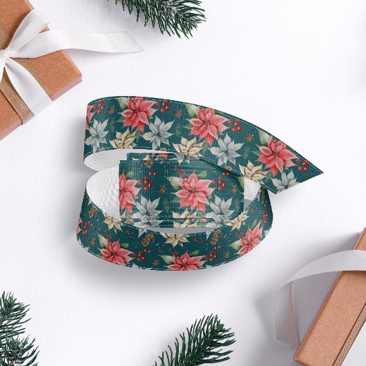 Farmhouse Poinsettia Dark Blauwgroen Kerstmis Grosgrain Lint