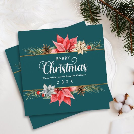 Farmhouse Poinsettia Gold Framed Square kerst Feestdagenkaart