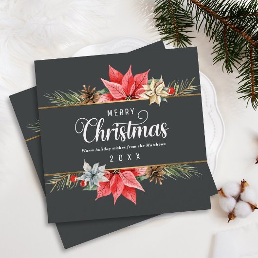 Farmhouse Poinsettia Gold Framed Square kerst Feestdagenkaart