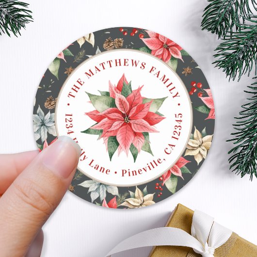 Farmhouse Poinsettia Round Return Address Label