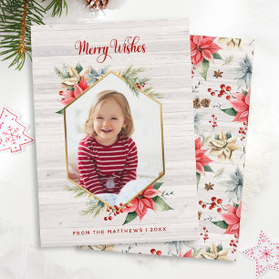 Farmhouse Poinsettia Rustic Hexagon Framed Foto Feestdagenkaart