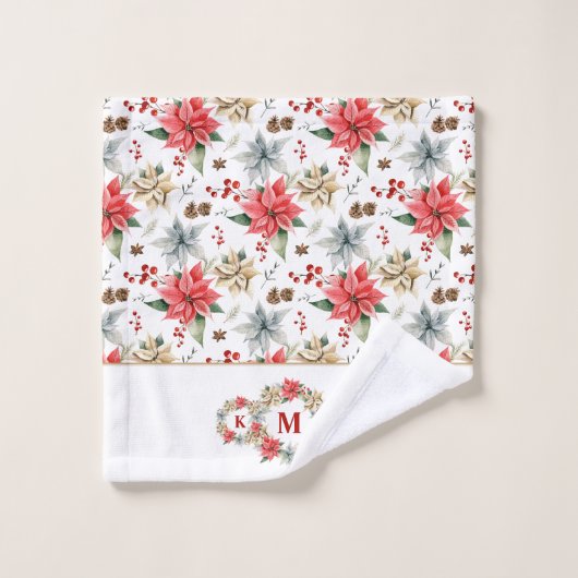 Farmhouse Poinsettia Rustic Kerstmonogramc Bad Handdoek (Wasdoekje)