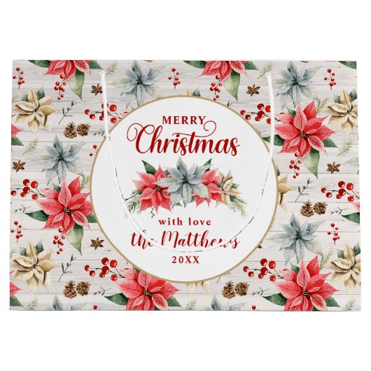 Farmhouse Poinsettia Rustic Merry kerst Wood Groot Cadeauzakje (Voorkant)