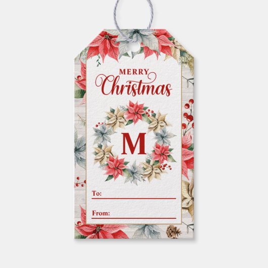 Farmhouse Poinsettia Rustic Monogramc Kerstmis Cadeaulabel (Voorkant)