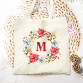 Farmhouse Poinsettia Rustic Winter Wreater Monogra Tote Bag
