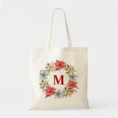Farmhouse Poinsettia Rustic Winter Wreater Monogra Tote Bag (Voorkant)