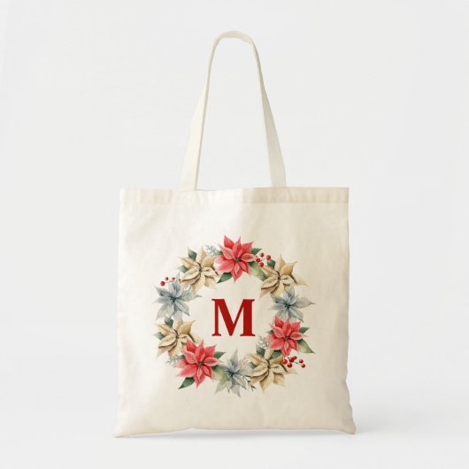 Farmhouse Poinsettia Rustic Winter Wreater Monogra Tote Bag (Voorkant)