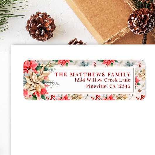 Farmhouse Poinsettia Rustic Wood Return Address Etiket