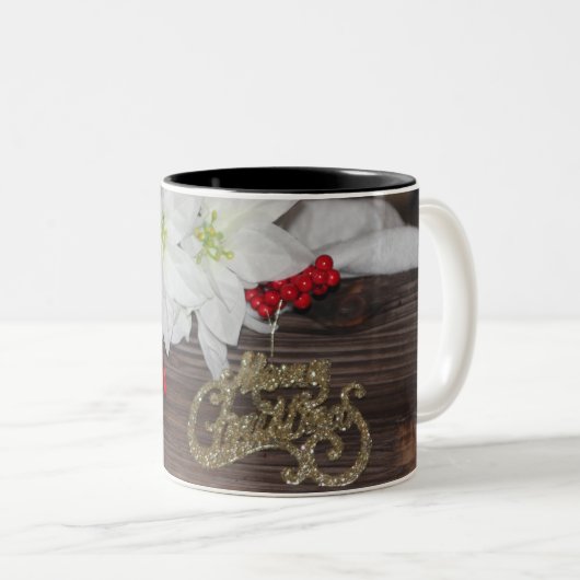 Farmhouse Poinsettias Berries KerstWhite Tweekleurige Koffiemok (Voorkant rechts)