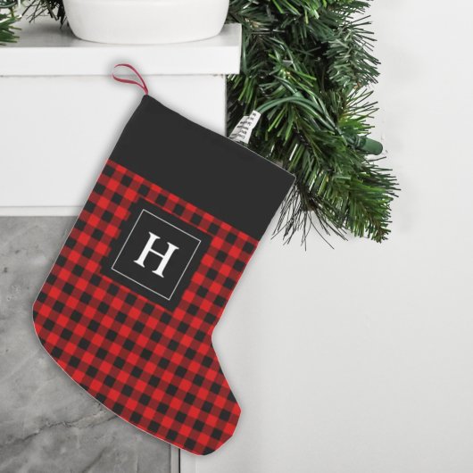 Farmhouse Red Black Buffalo Plaid Monogrammed Kleine Kerstsok
