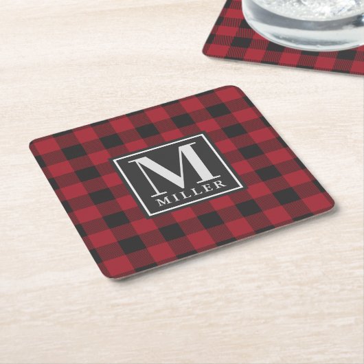 Farmhouse Red Buffalo Check Family Name Monogram Kartonnen Onderzetters (Schuin)