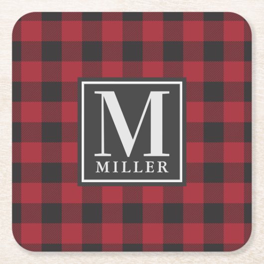 Farmhouse Red Buffalo Check Family Name Monogram Kartonnen Onderzetters (Voorkant)