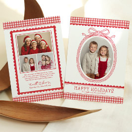 Farmhouse Red Gingham Bow Christmas Holiday Photo Feestdagenkaart