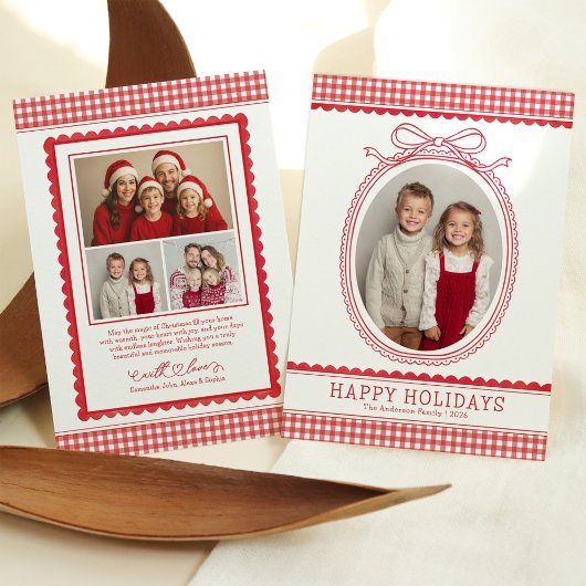Farmhouse Red Gingham Bow Christmas Holiday Photo Feestdagenkaart