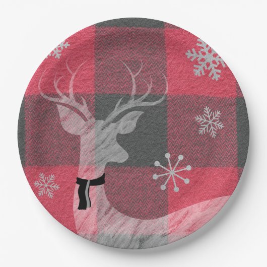 Farmhouse Red & Grey Buffalo Deer Snowflake Papieren Bordje (Voorkant)