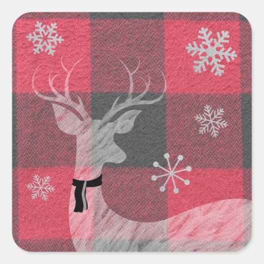 Farmhouse Red & Grey Buffalo Deer Snowflake Vierkante Sticker (Voorkant)