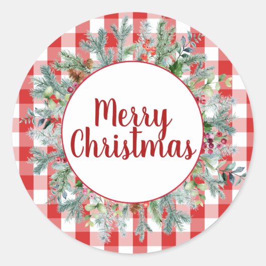 Farmhouse Red White Buffalo Check Merry Kerstmis Ronde Sticker (Voorkant)