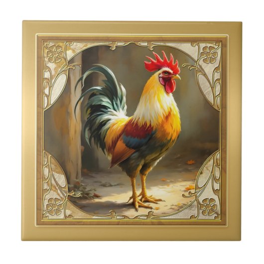 Farmhouse Rooster Gold Ceramic Tile Tegeltje (Voorkant)