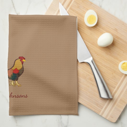 Farmhouse Rooster Personalized Brown Kitchen Towel Theedoek (Quarter Fold)