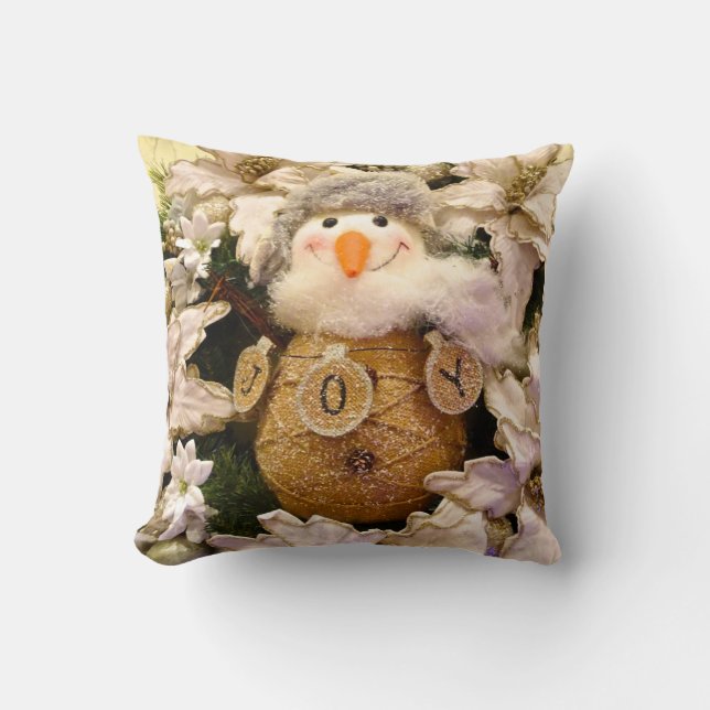 Farmhouse Rustic Burlap Snowman Poinsettia Holiday Kussen (Voorkant)