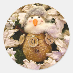 Farmhouse Rustic Burlap Snowman Poinsettia Holiday Ronde Sticker