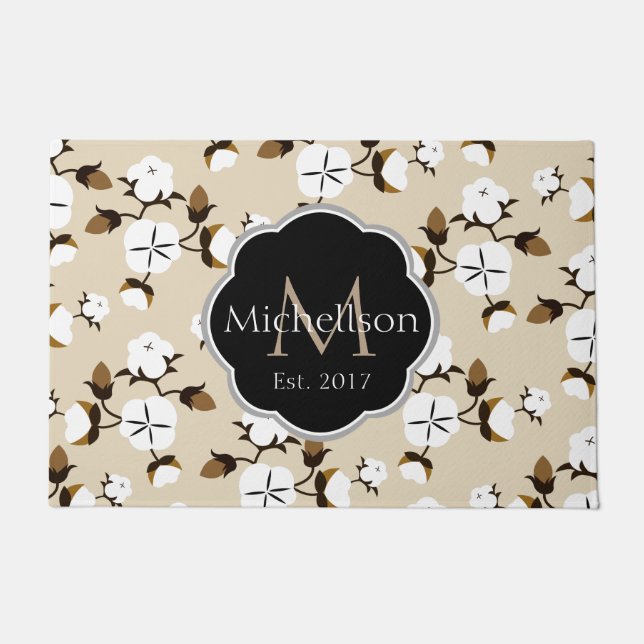 Farmhouse Rustic Cotton Flowers & Family Name Deurmat (Voorkant)