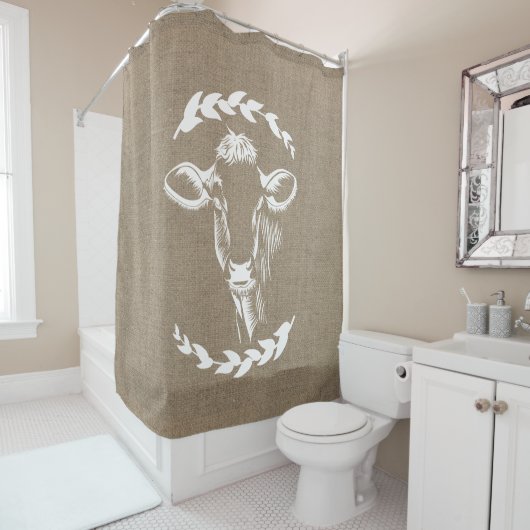 Farmhouse Rustic Faux Burlap Laurels Dairy Cow Douchegordijn (In situ)