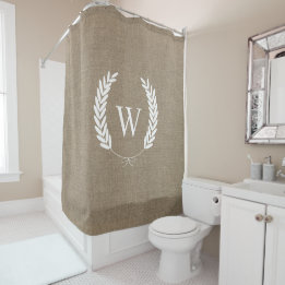 Farmhouse Rustic Faux Burlap Laurels Monogram Douchegordijn