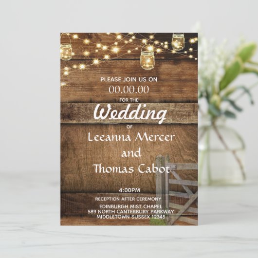 Farmhouse Rustic Wood Gate Weddenschap Kaart (Staand voorkant)