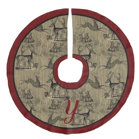 Farmhouse Rustic Woodsy  Deer Monogram Faux Imitatie Linnen Kerstboom Kleed (Voorkant)