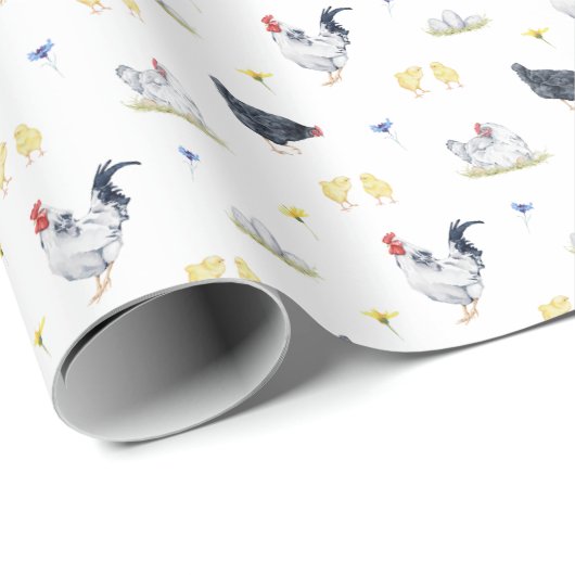 Farmhouse Style Waterverf Hens, Roosters en Chicke Cadeaupapier (Rol Hoek)