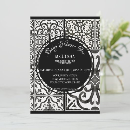 Farmhouse Tile Black White Modern Baby shower Kaart (Staand voorkant)